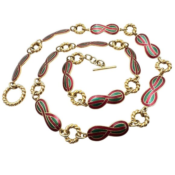 Vintage Gucci Womens Belt Or Necklace Gold Plated Red Green Enamel 36 Inch - Picture 2 of 7